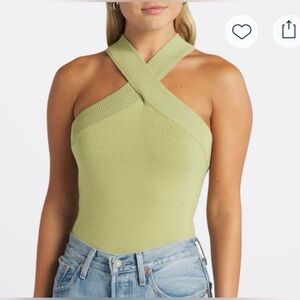 Heatherly Olive Green Cross Over Wool Blend Ribbed Sweater Bodysuit Size L